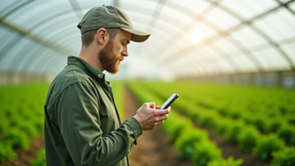 Lauksaimnieks pārbaudā sensoru datus mobilajā tālrunī, skatoties uz siltumnīcas stāvokļa informāciju