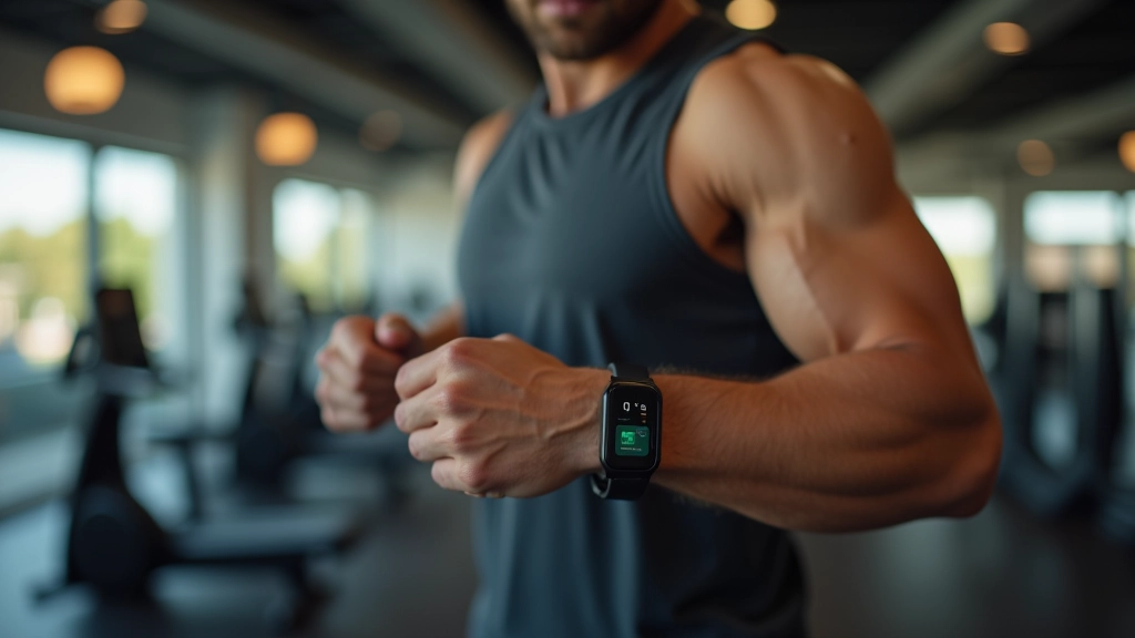 Vīrietis trenējās sporta zālē ar fitnesa izsekotāju uz plaukstas, monitorējot savas aktivitātes