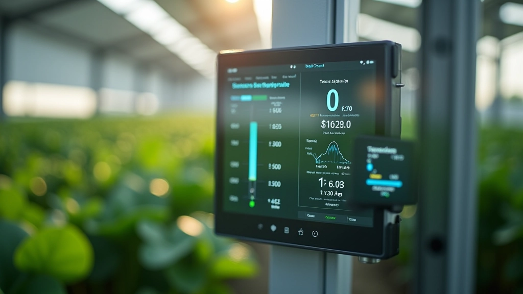 Viedā lauksaimniecības sensoru sistēma, kas parāda digitālo kontroles paneli ar temperatūras un mitruma dātiem