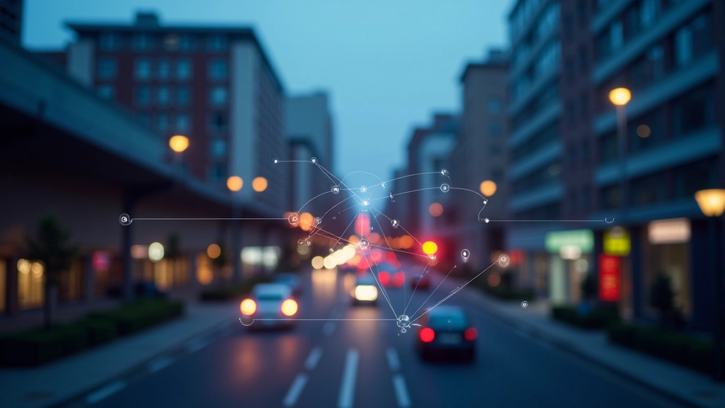 Futuristisks attēls no viedās pilsētas ar daudziem sensoru tīkliem un datu vizualizāciju