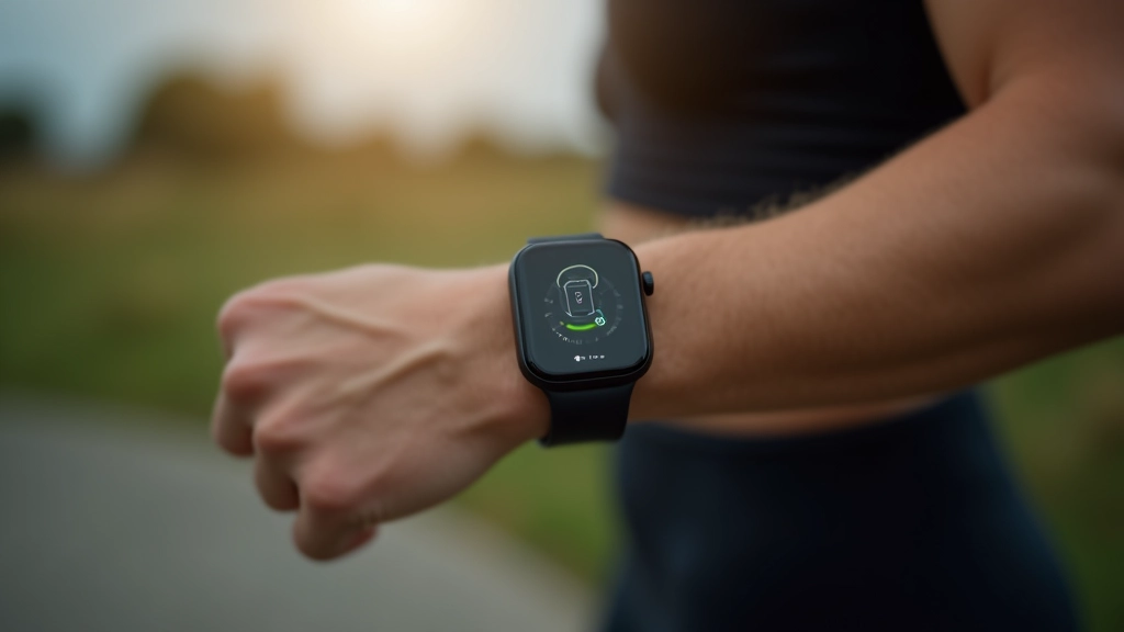 Viedais fitnesa pulkstenis uz personīgas rokas, rādot darbības monitoringu un sirdsdeņu ātruma mērīšanu