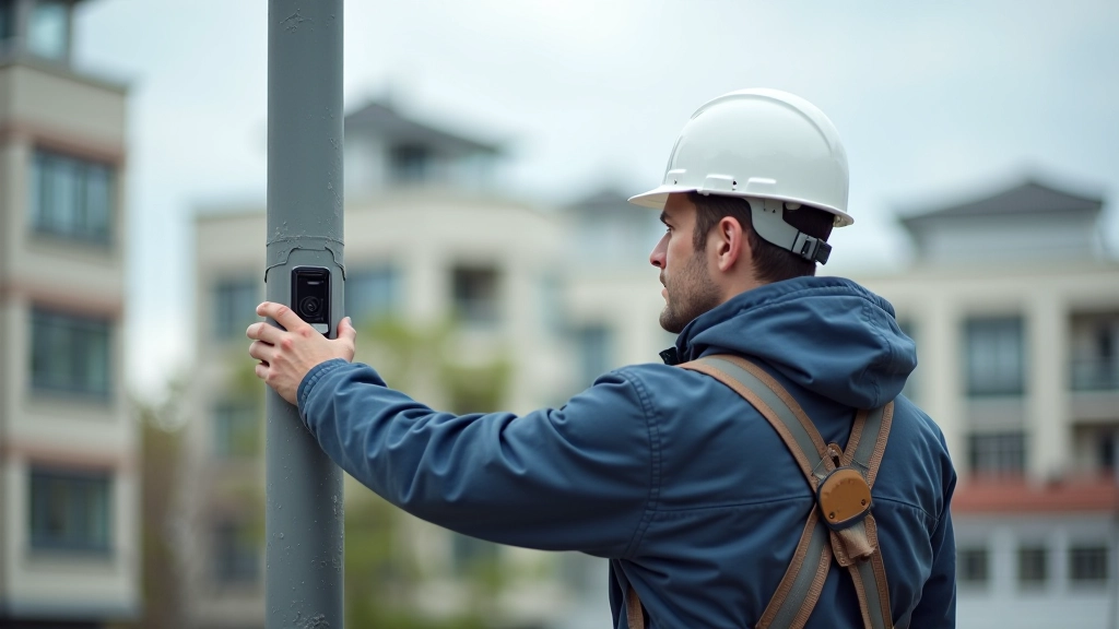 Instalācijas procesa foto — tehniķis montē sensoru uz ielas staba ar instrumentiem un drošības aprīkojumu