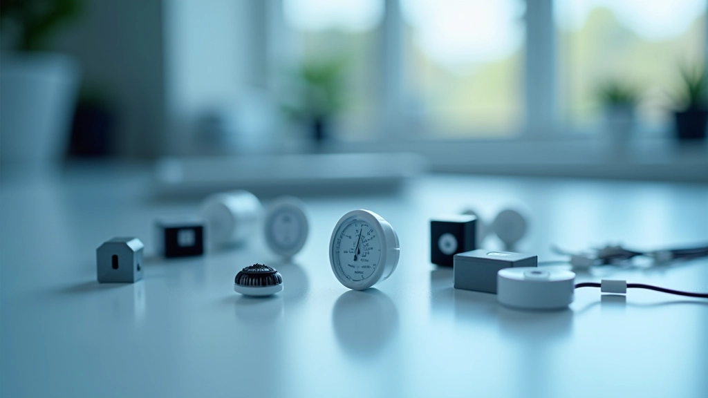 Dažādi sensoru tipi izkārtoti uz virsmas - temperatūras, mitruma, kustības un gaismas sensori